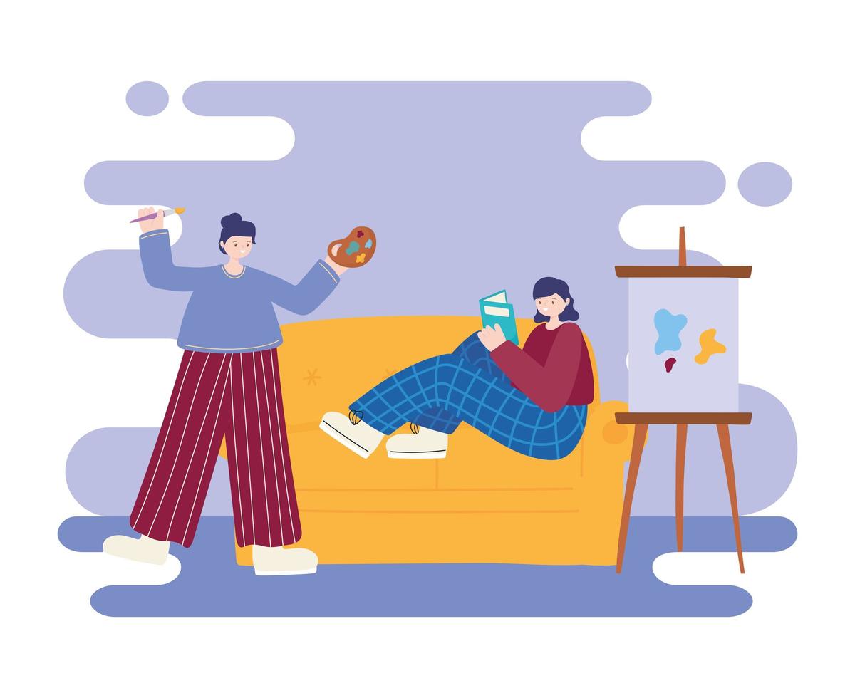 atividades de pessoas, mulher artista desenhando em uma tela segurando uma paleta de cores e uma garota lendo um livro no sofá vetor