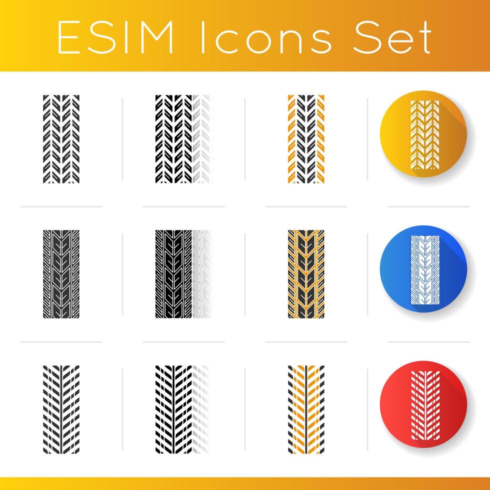 conjunto de ícones de padrões de rastreamento. automóvel, motocicleta, marcas de pneus de bicicleta detalhadas. rastreamento de roda de verão e inverno do carro. trilha do pneu do veículo. estilos de cor linear, preto e rgb. ilustrações vetoriais isoladas vetor