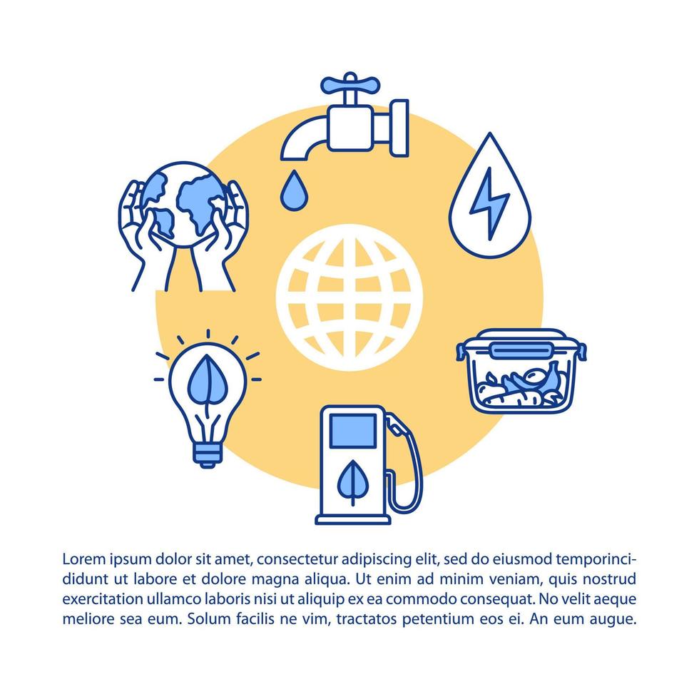 ícone do conceito de consumo responsável com texto. economizando água e recursos globais. uso inteligente de energia. modelo de vetor de página ppt. folheto, revista, elemento de design de livreto com ilustrações lineares