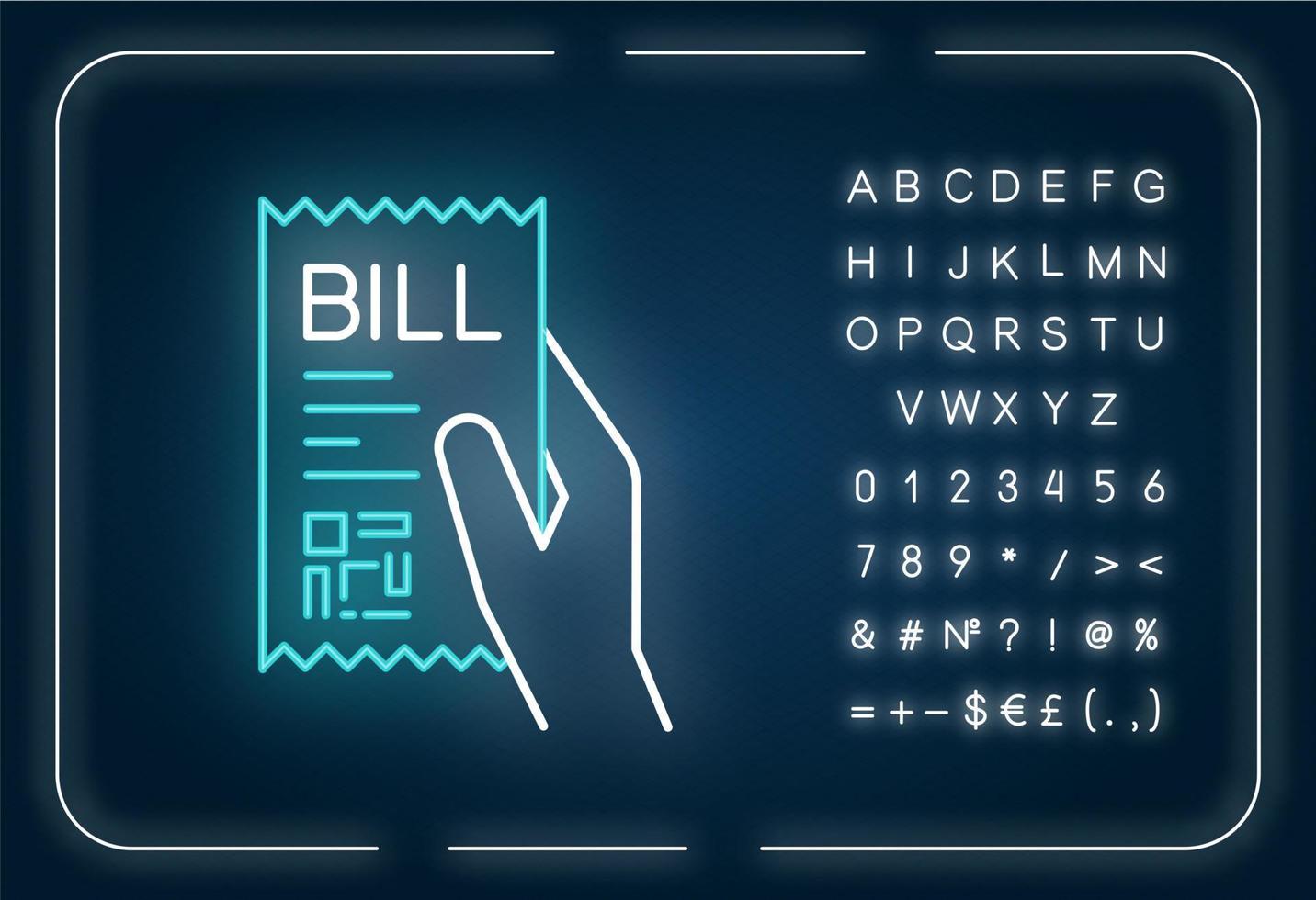 ícone de luz de néon da letra de câmbio. cheque impresso. Aviso de pagamento. Confirmação de compra. efeito de brilho externo. assine com alfabeto, números e símbolos. ilustração colorida rgb isolada do vetor