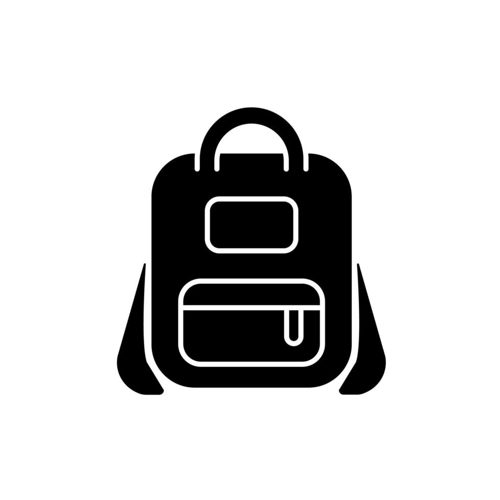 ícone de glifo preto da mochila. bolsa para transportar livros e artigos de papelaria. mochila para a escola. armazenar suprimentos essenciais de papelaria. símbolo da silhueta no espaço em branco. ilustração isolada do vetor