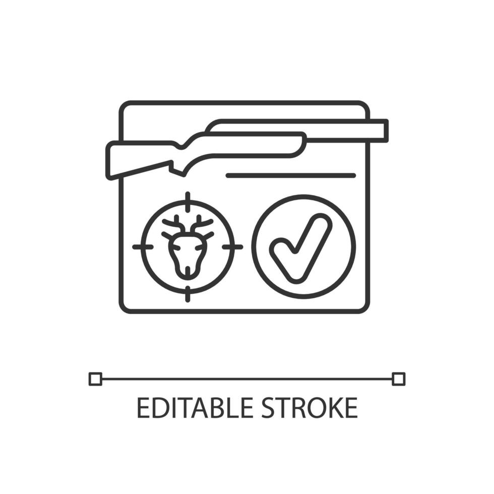 ícone linear de licença de caça júnior. caçar pássaros e animais. confirmação de caçador para crianças. ilustração personalizável de linha fina. símbolo de contorno. desenho de contorno isolado do vetor. curso editável vetor