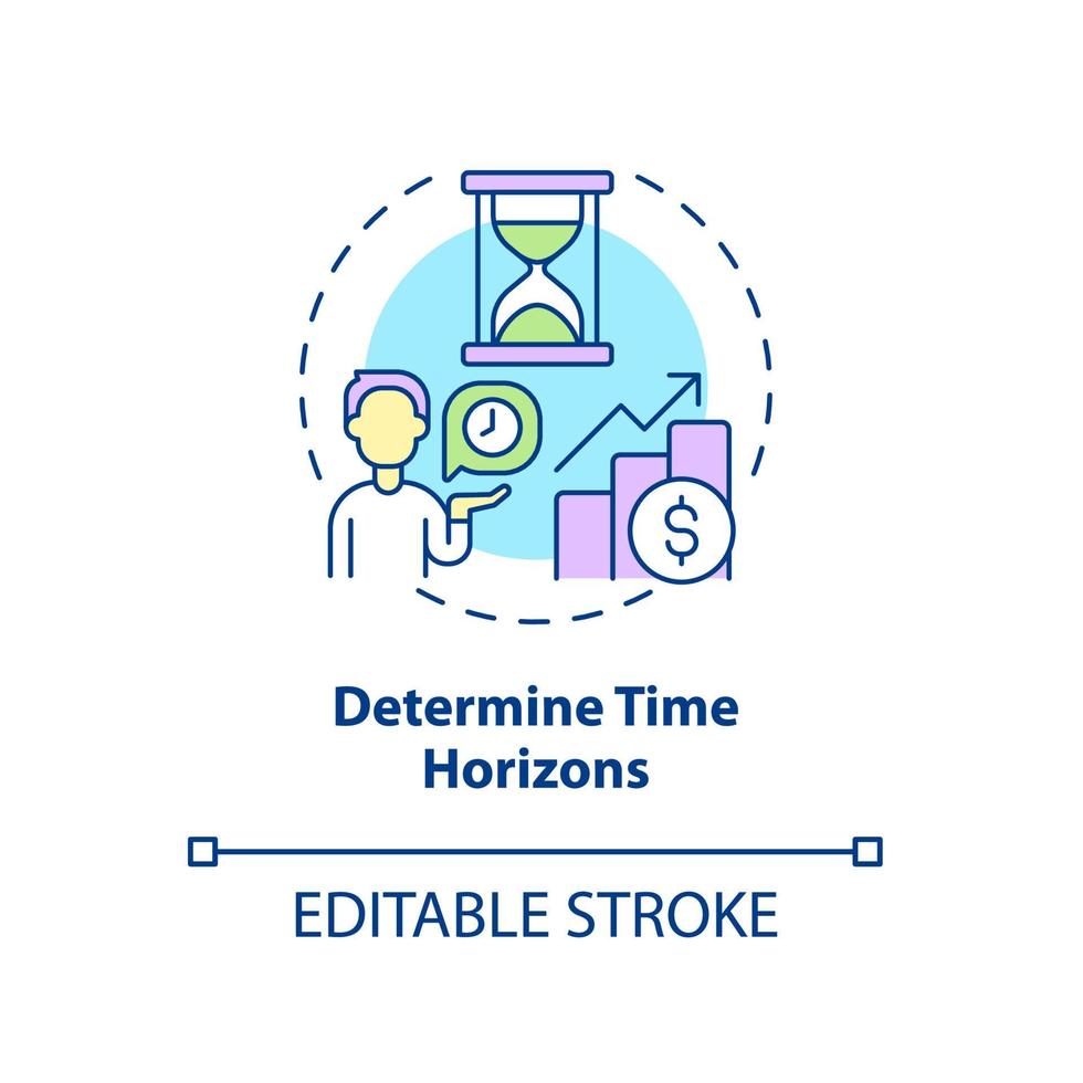 determinar o ícone do conceito de horizontes de tempo. investindo ilustração de linha fina de idéia abstrata de cronograma. horizonte de planejamento. período de manutenção dos investimentos. desenho de cor de contorno isolado vetor. curso editável vetor