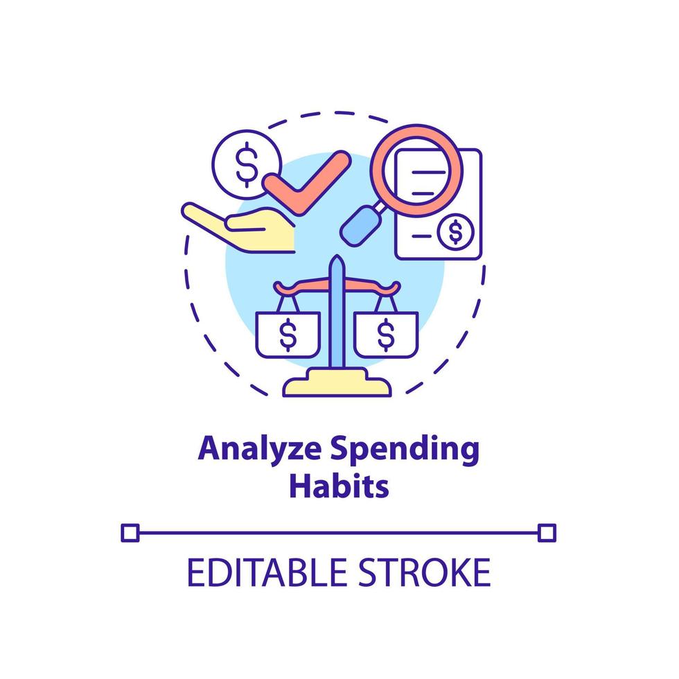 analise o ícone do conceito de hábitos de consumo. controle o dinheiro desperdiçando ilustração de linha fina de ideia abstrata. calcular e planejar despesas. hábitos financeiros. desenho de cor de contorno isolado vetor. curso editável vetor