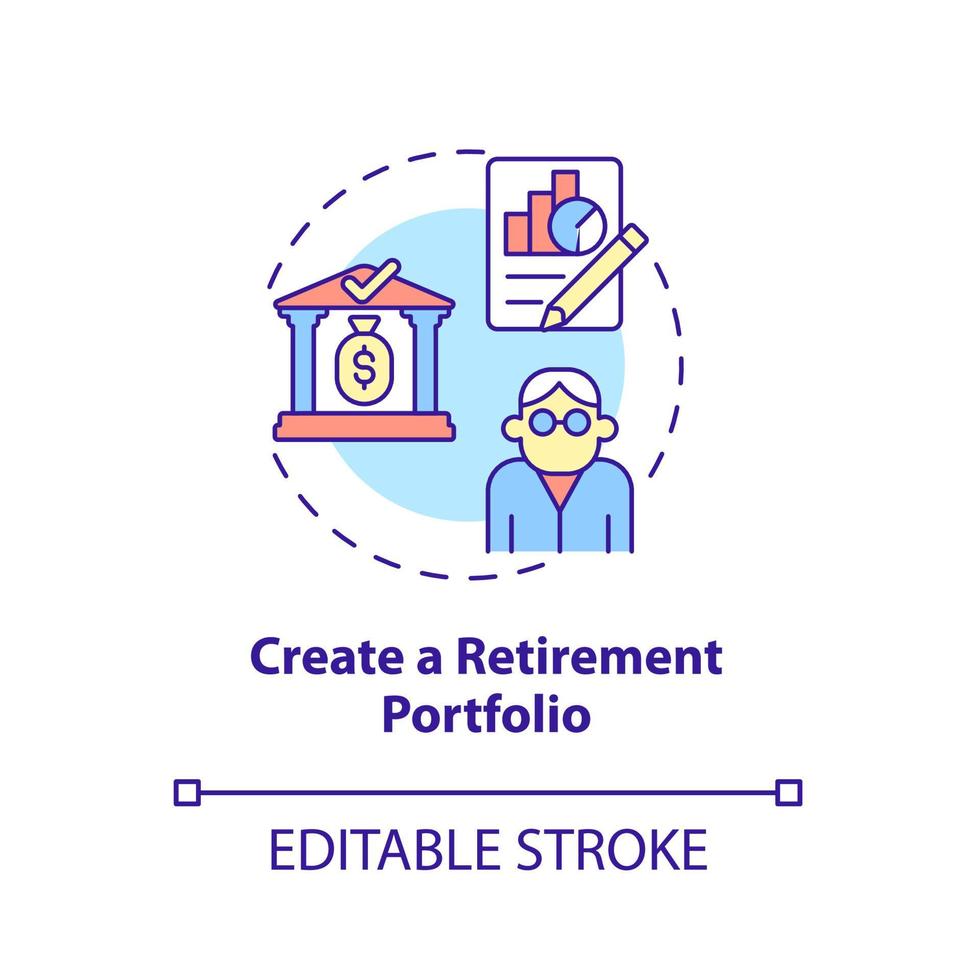 crie um ícone de conceito de portfólio de aposentadoria. ilustração de linha fina de ideia abstrata de portfólio de investimentos. preservação do capital e crescimento da renda. desenho de cor de contorno isolado vetor. curso editável vetor