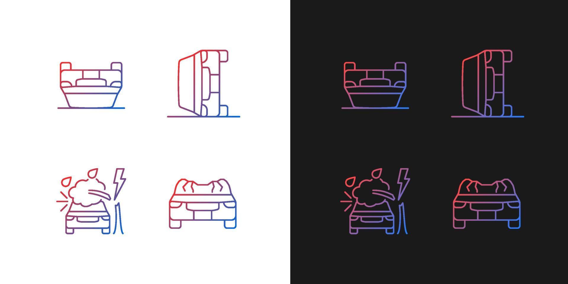 ícones de gradiente de colisões de veículos motorizados definidos para o modo claro e escuro. queda de rollover. feixe de símbolos de contorno de linha fina. coleção de ilustrações de contorno vetorial isolado em preto e branco vetor