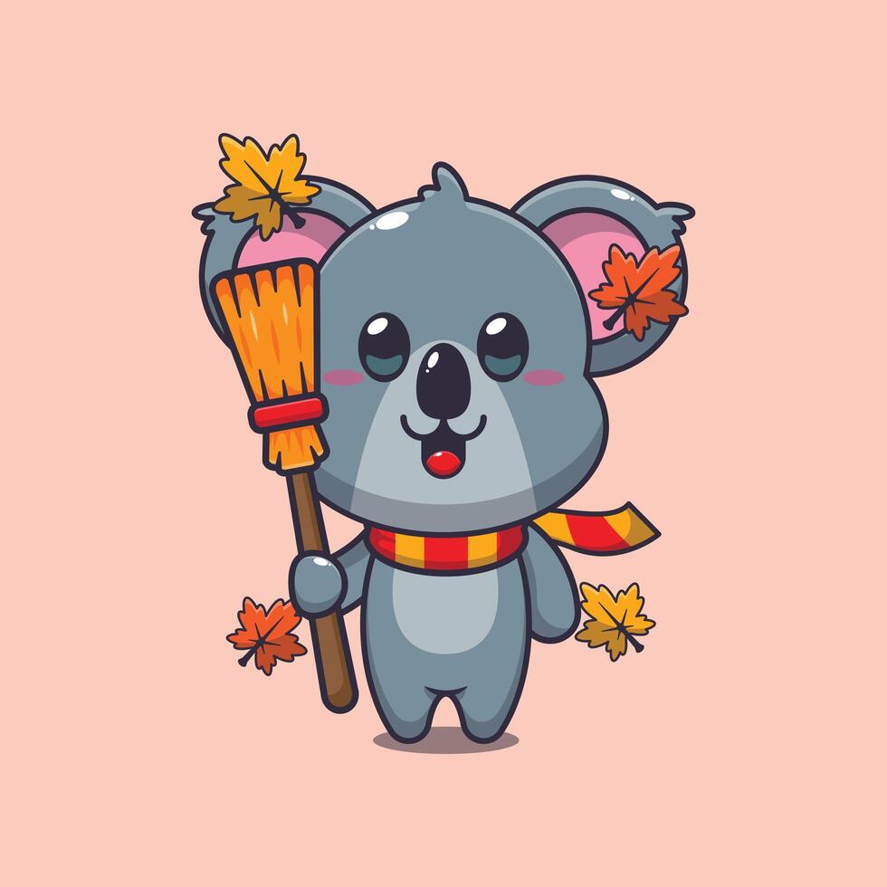 fofa outono coala segurando vassoura. mascote desenho animado ilustração adequado para poster, folheto, rede, mascote, adesivo, logotipo e ícone. vetor