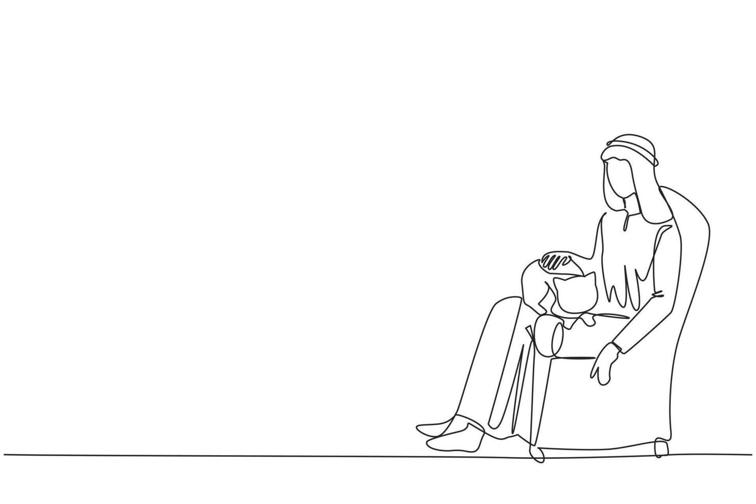 solteiro 1 linha desenhando do jovem árabe homem sentado em a sofá abraçando a gato em dele coxa. uma jovem homem quem O amor é dele animal muito muito. acariciando a gato até isto dorme. contínuo linha Projeto gráfico vetor