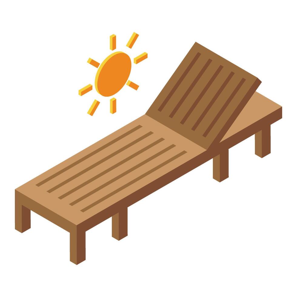 de madeira escrivaninha cadeira em Sol ícone isométrico . ao ar livre mobília vetor