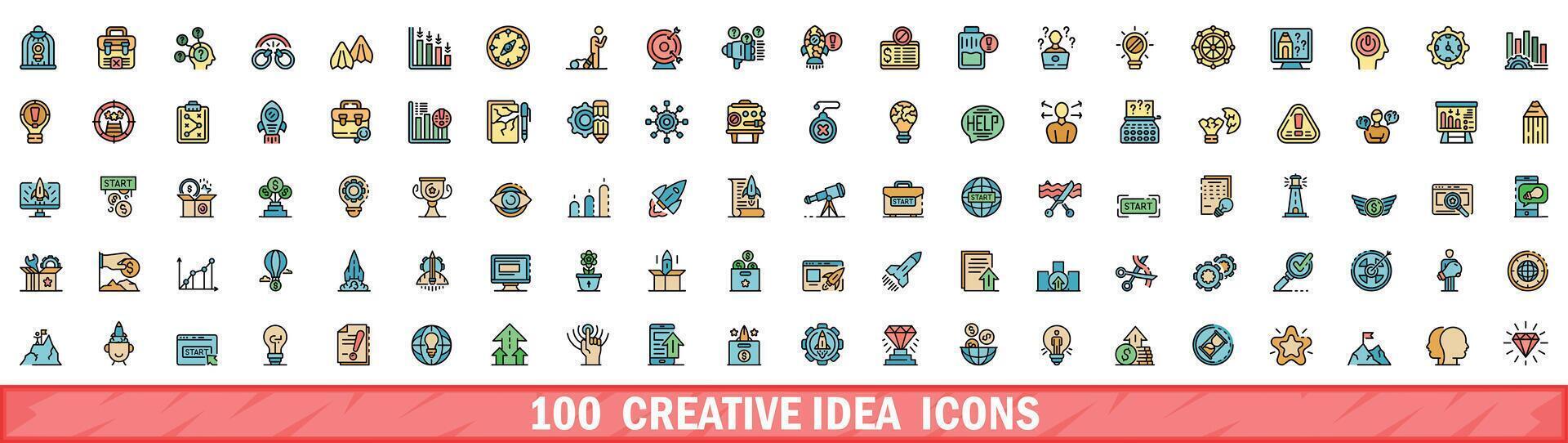 100 criativo idéia ícones definir, cor linha estilo vetor