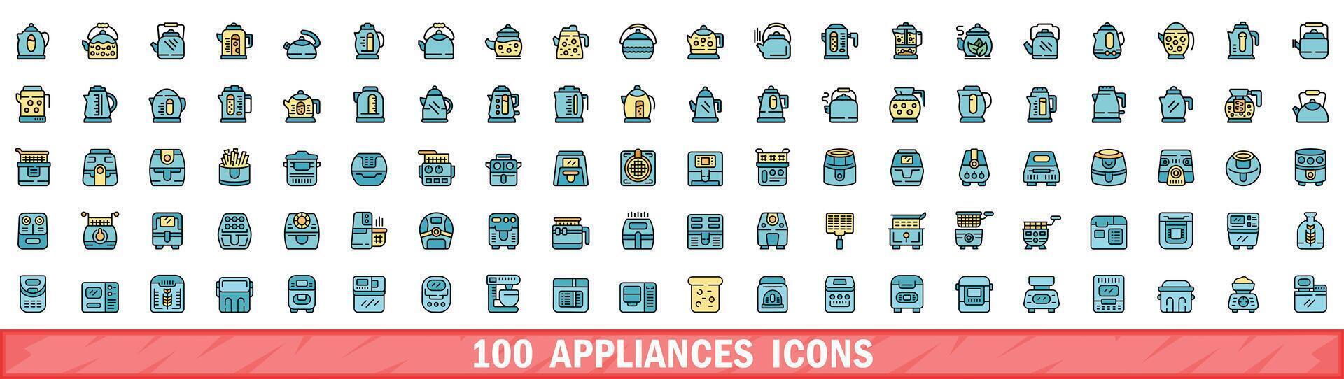 100 eletrodomésticos ícones definir, cor linha estilo vetor