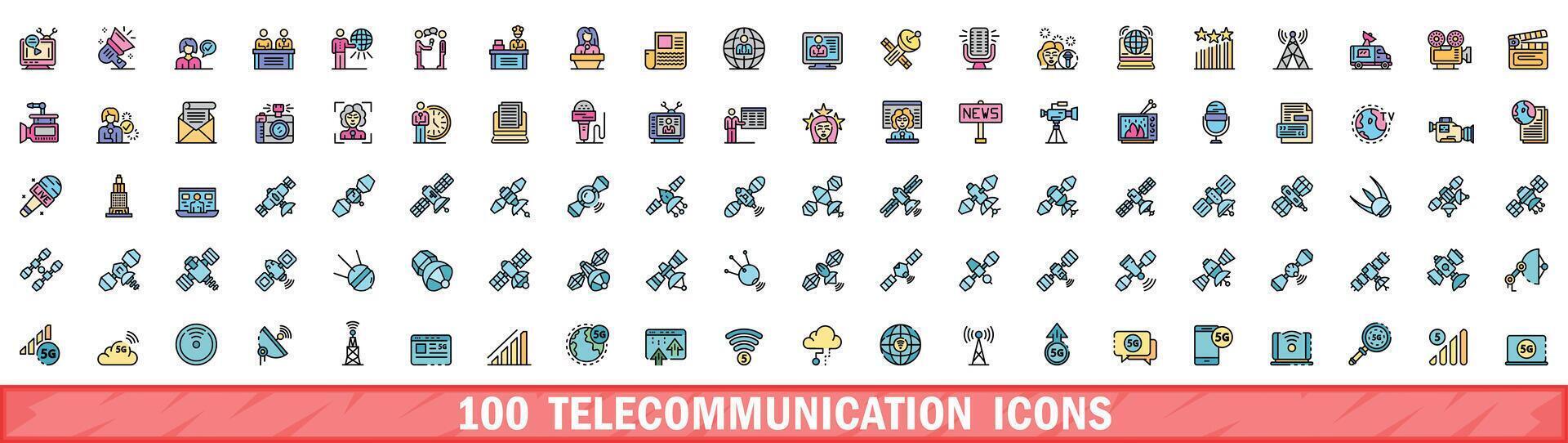 100 telecomunicação ícones definir, cor linha estilo vetor