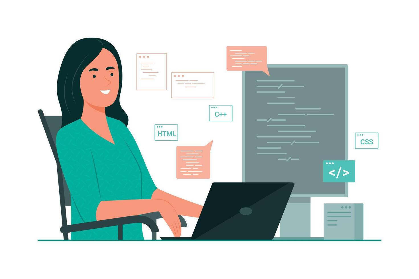 programador mulher processo codificação para Programas desenvolvimento conceito ilustração vetor