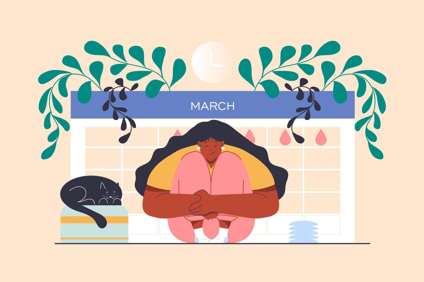 crítico dias conceito com pessoas cena dentro plano Projeto. mulher abraços ela mesma durante dela menstrual período e marcas datas em calendário com gotas. ilustração com personagem situação para rede vetor