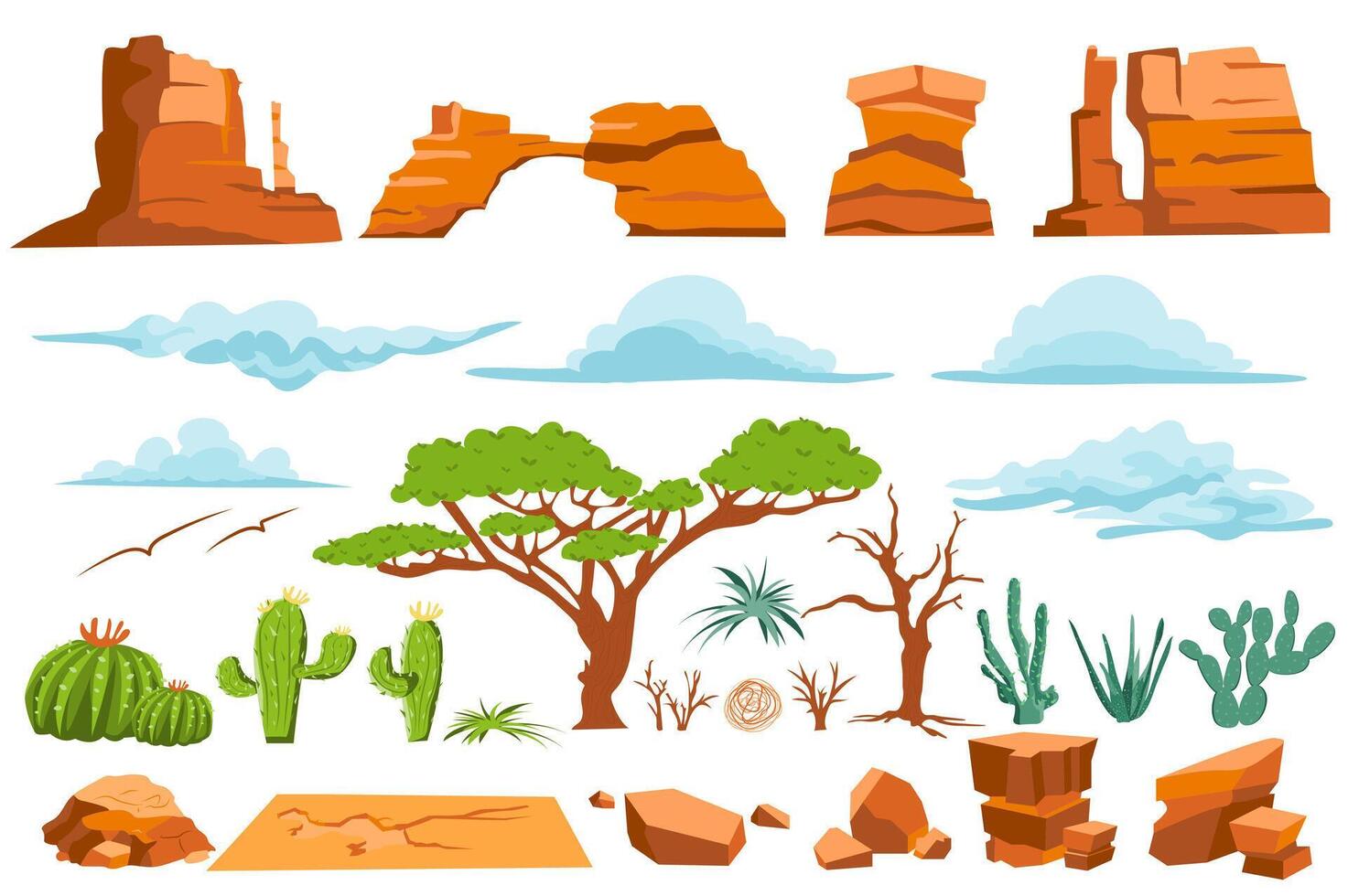 deserto natureza isolado gráfico elementos conjunto dentro plano Projeto. agrupar do diferente forma montanhas e rochas, pedras, nuvens dentro céu, árvores, cacto e de outros plantas para árido clima. ilustração. vetor