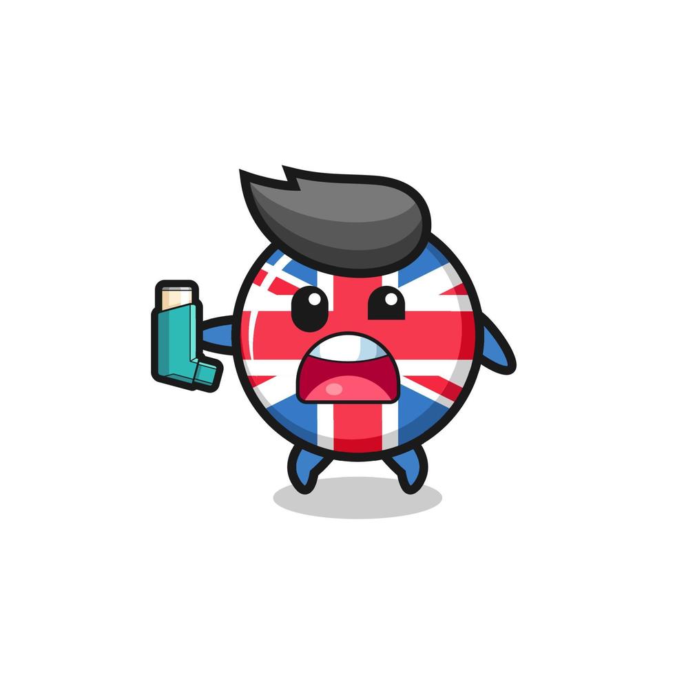 mascote da bandeira do Reino Unido tendo asma enquanto segura o inalador vetor