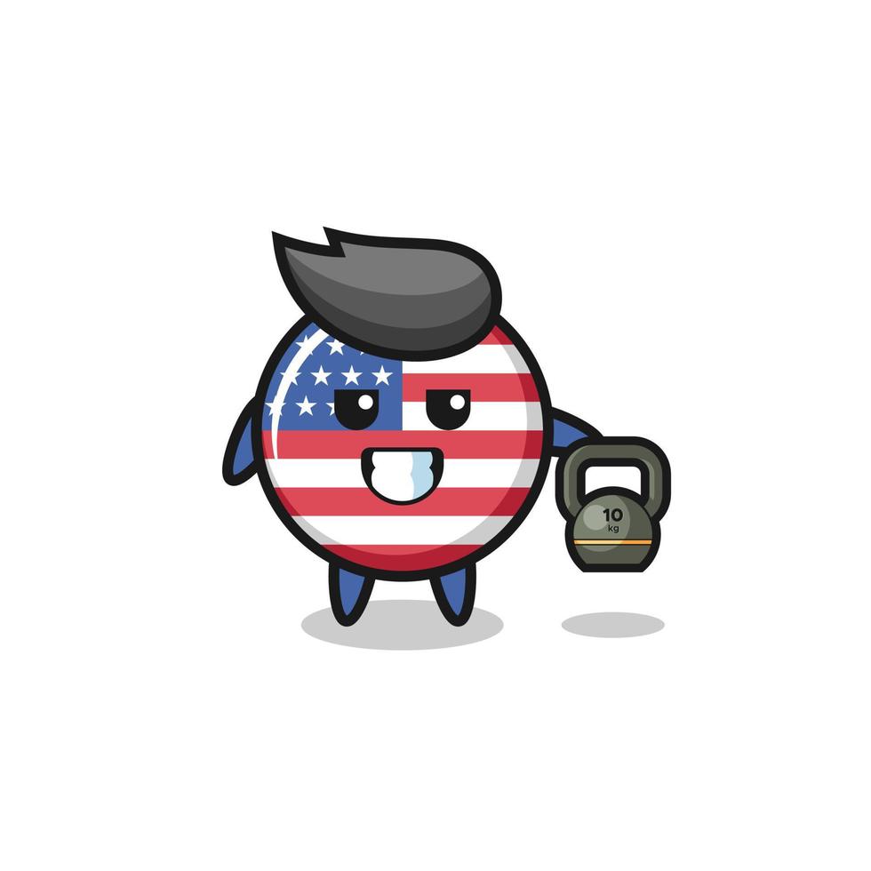 mascote da bandeira dos estados unidos levantando kettlebell na academia vetor