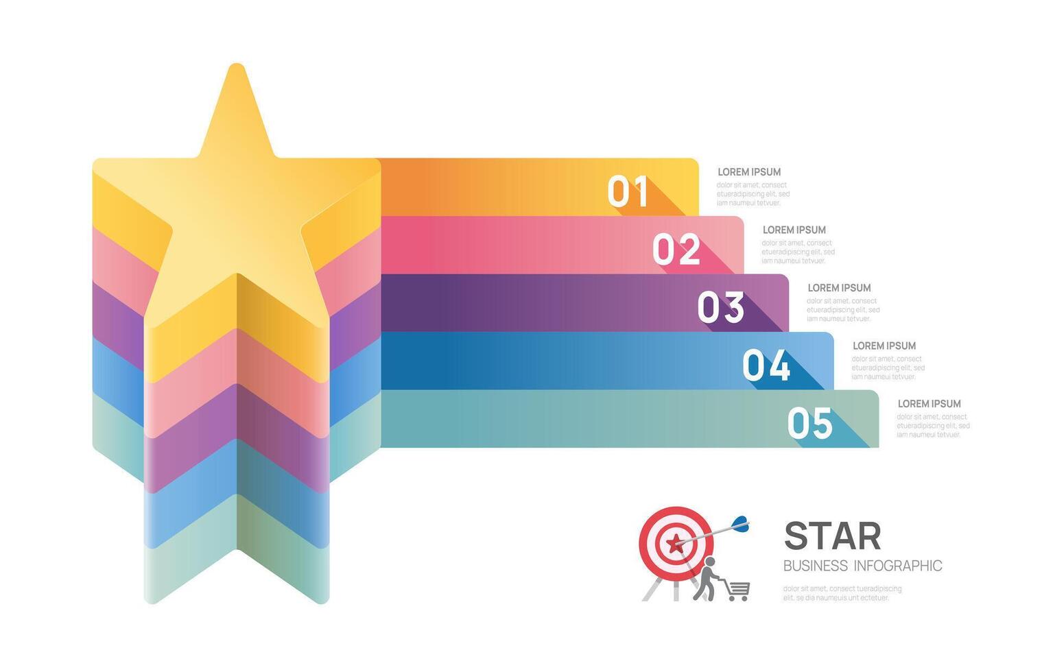 infográfico Estrela diagrama modelo para negócio.5 degrau marketing e comece negócios, infográficos. vetor