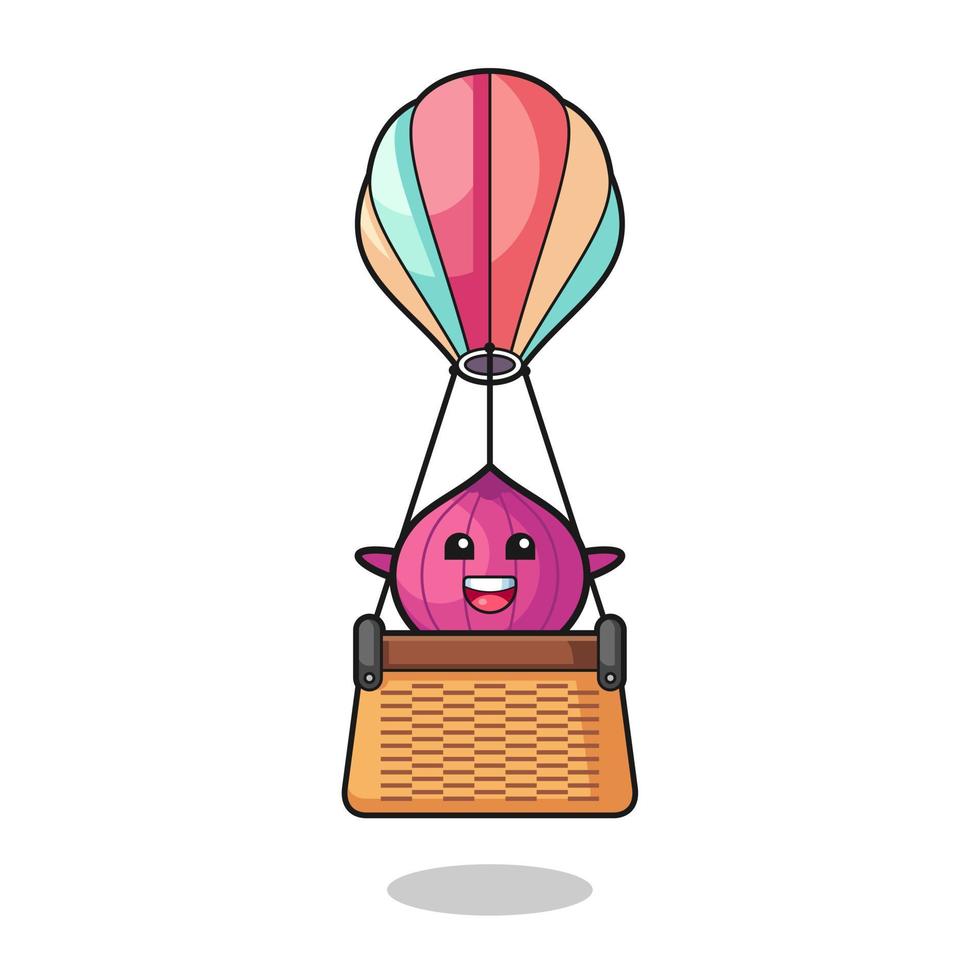 mascote da cebola em um balão de ar quente vetor