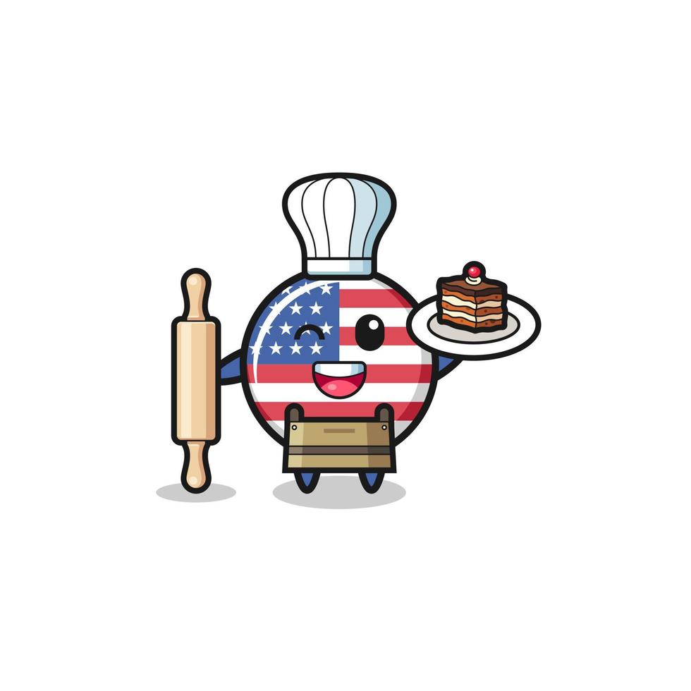 bandeira dos estados unidos enquanto mascote do chef pasteleiro segura o rolo de massa vetor