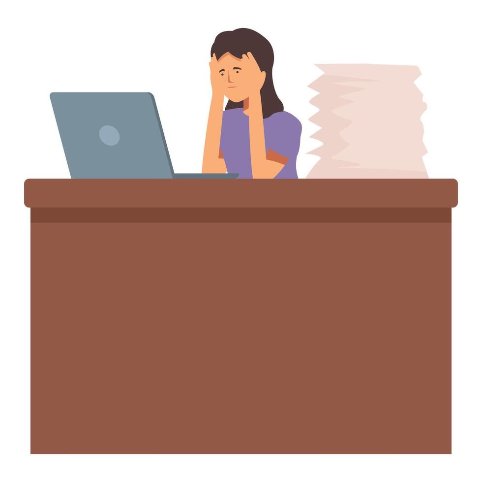 cansado mulher às escritório escrivaninha ícone desenho animado . trabalhos ocupado vetor