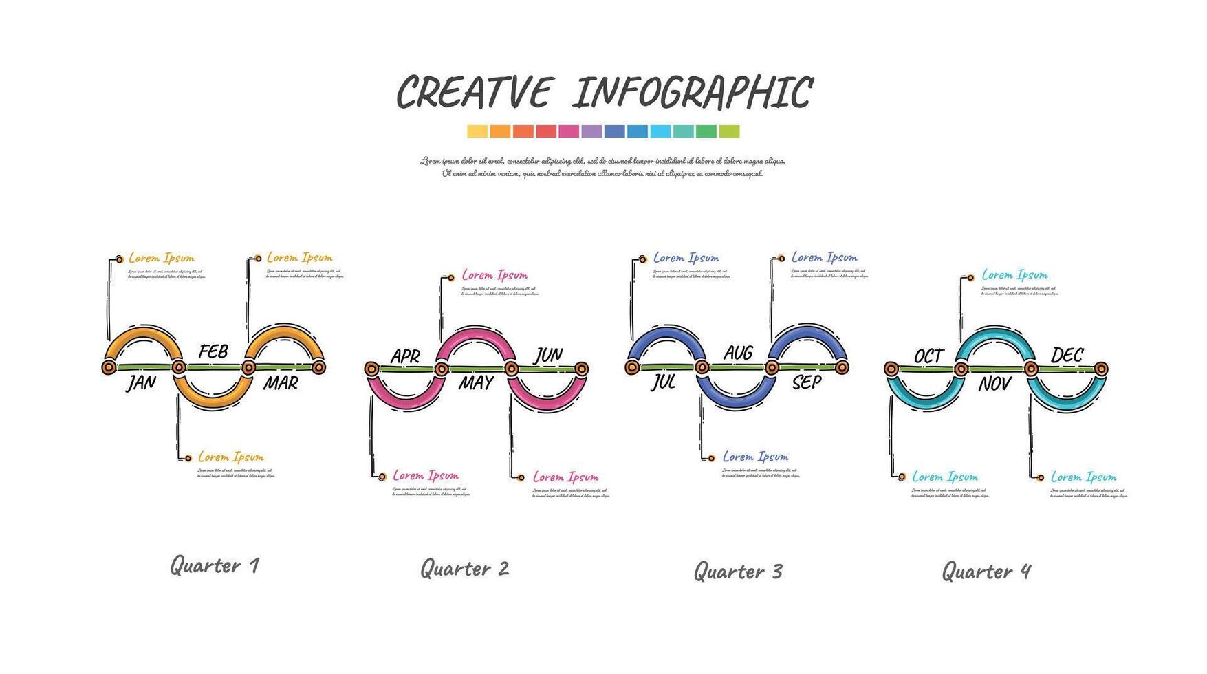 Linha do tempo mão desenhado para 1 ano, 12 meses, infográficos todos mês planejador Projeto vetor