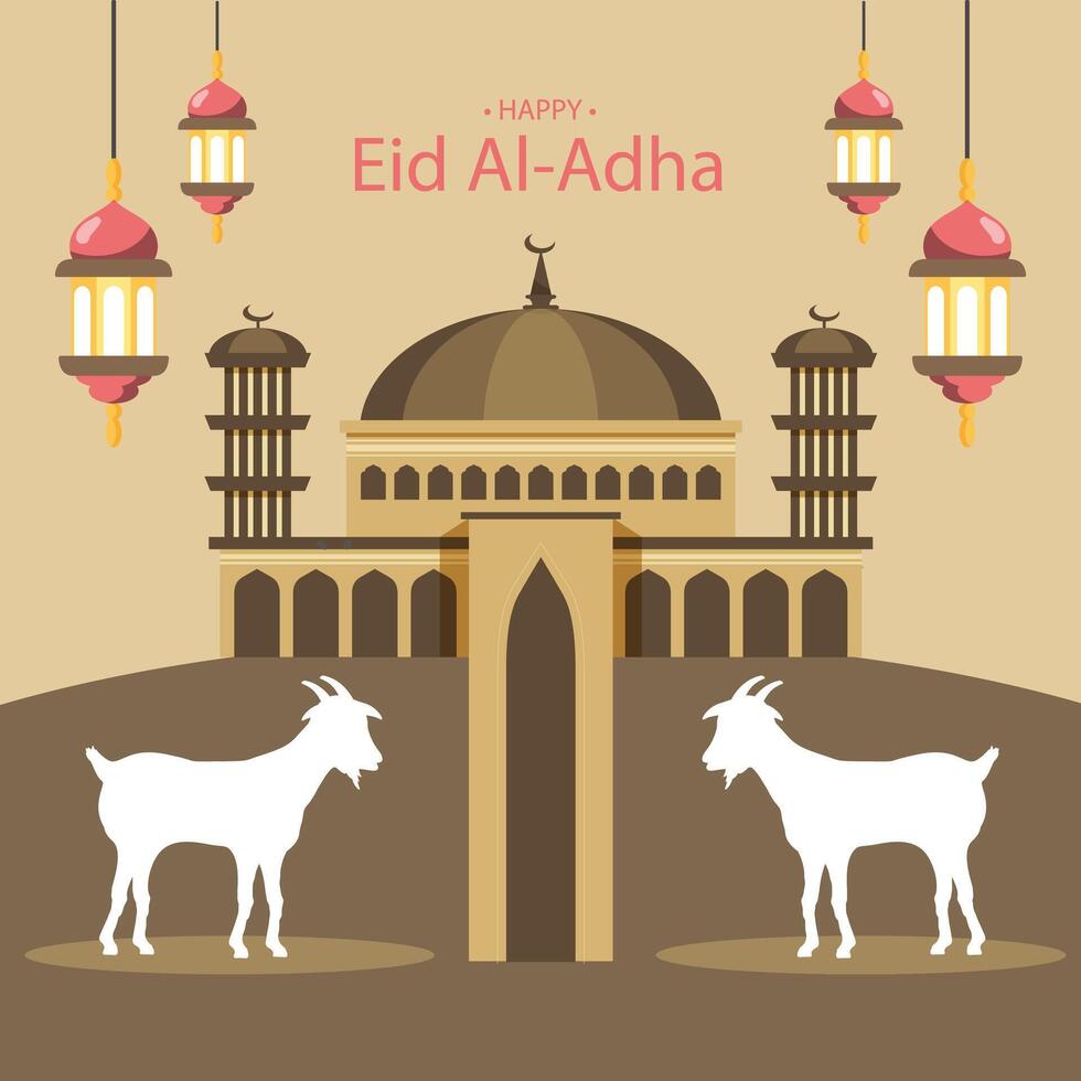 feliz eid al adha mubarak banner de celebração com efeito de corte de papel de cabra de lua e vaca no fundo de cor azul da noite. eid al adha mubarak dia de celebração muçulmana vetor