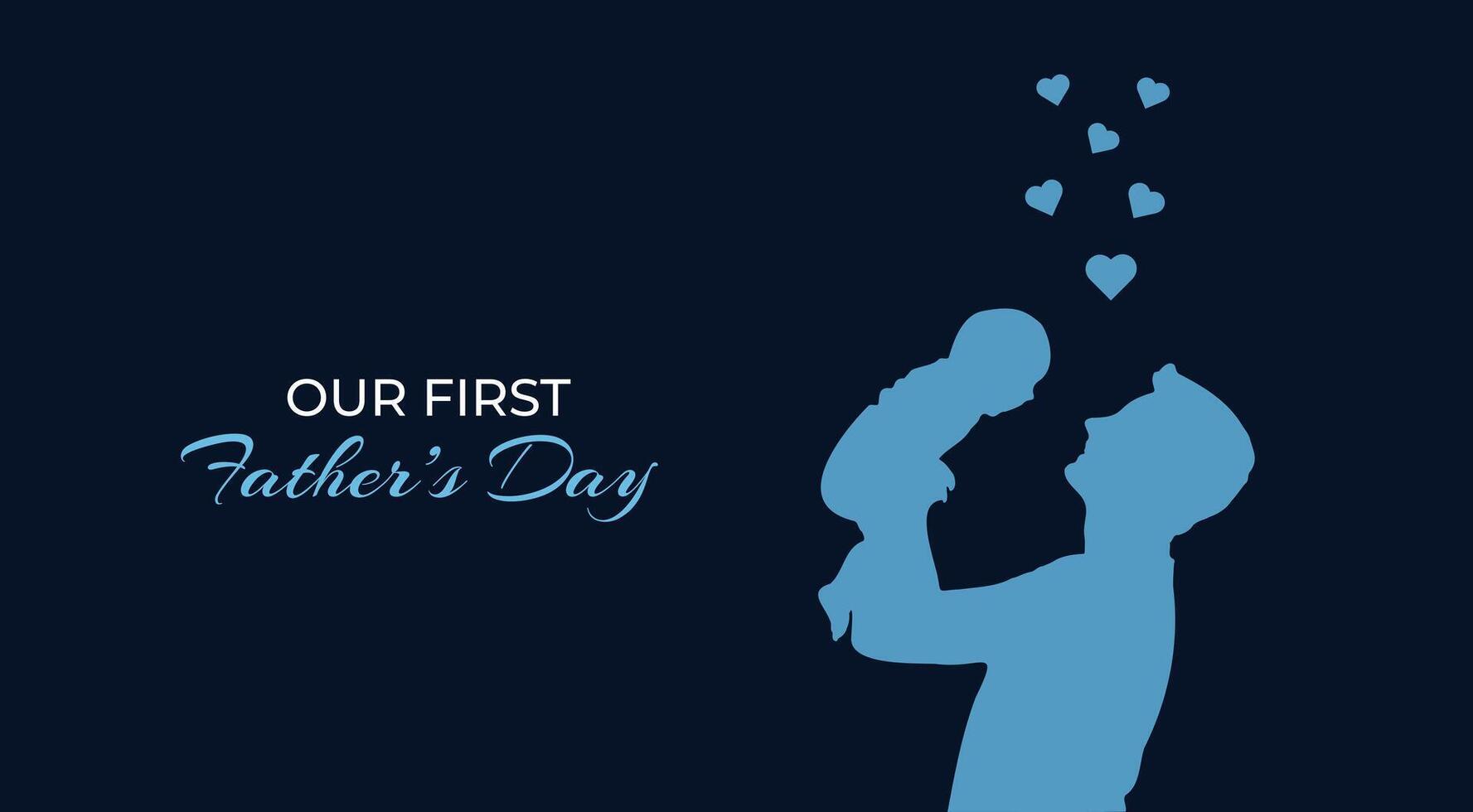 feliz pais dia cumprimento cartão. silhueta do homem e bebê em azul fundo. nosso primeiro pais dia. ilustração. ilustração vetor