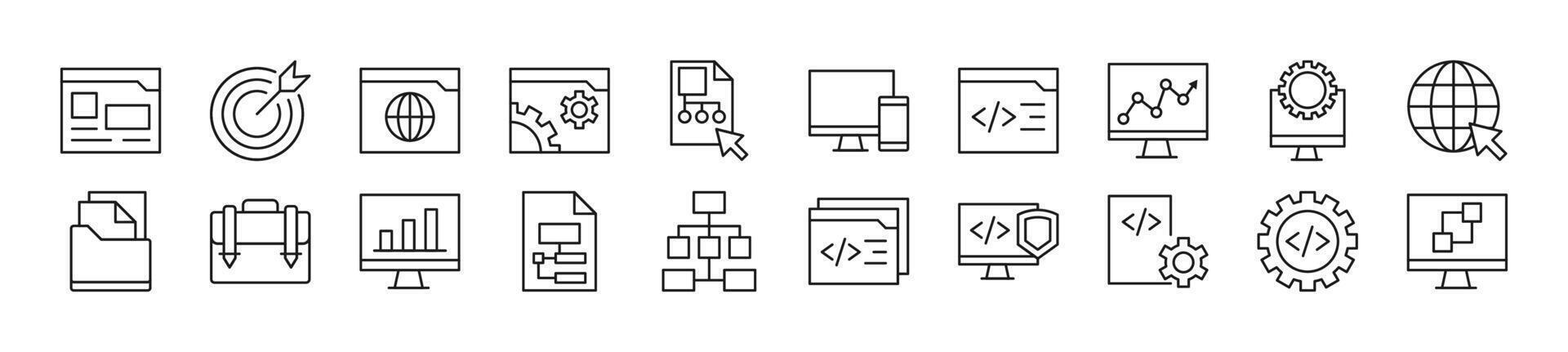 conjunto do linha ícones do programação. editável AVC. simples esboço placa para rede sites, jornais, artigos livro vetor