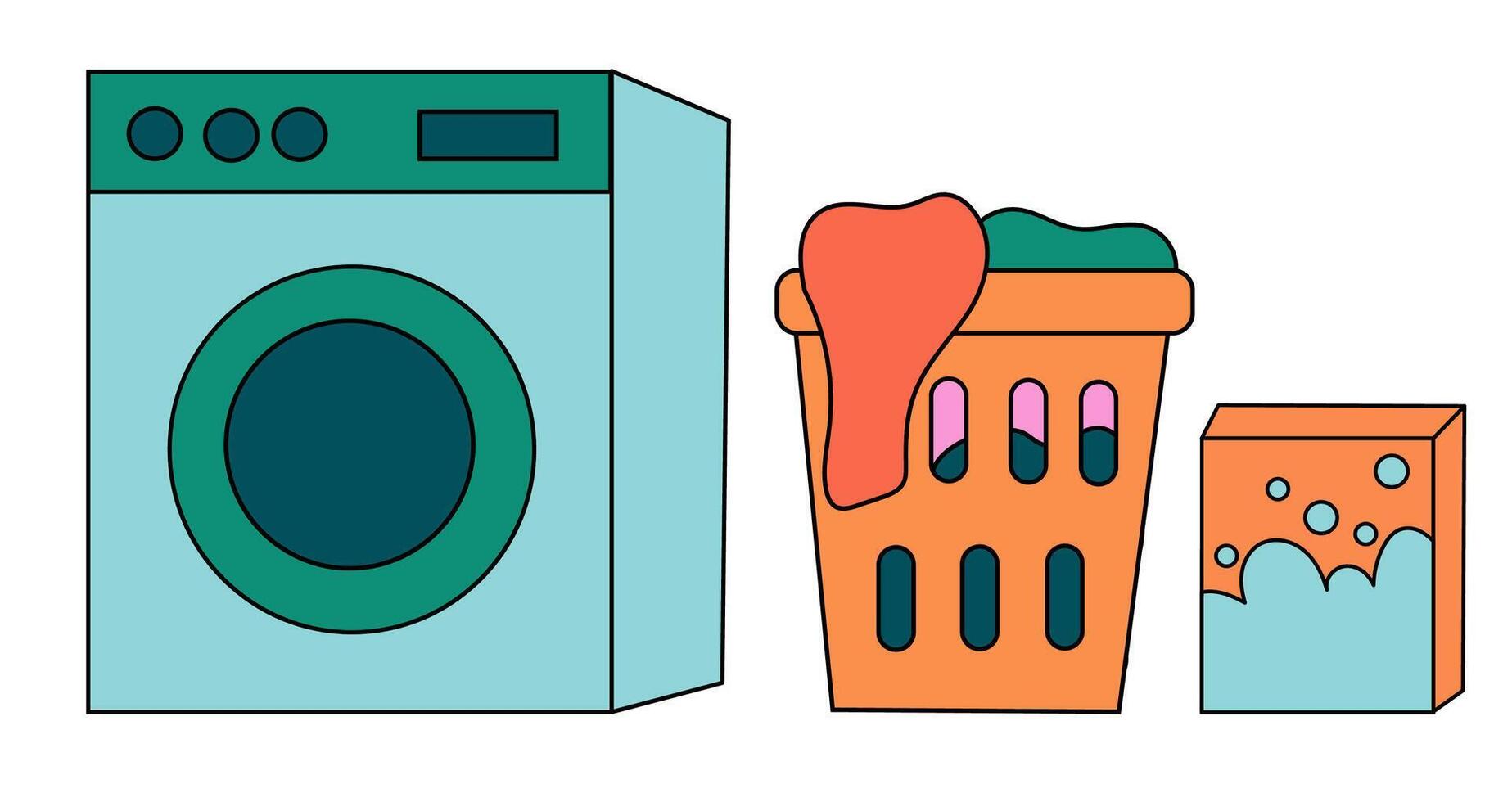 limpeza conjunto elementos. coleção do limpeza ferramentas. lavando máquina. lavanderia cesta com roupas. lavando pó. plano ilustração. vetor