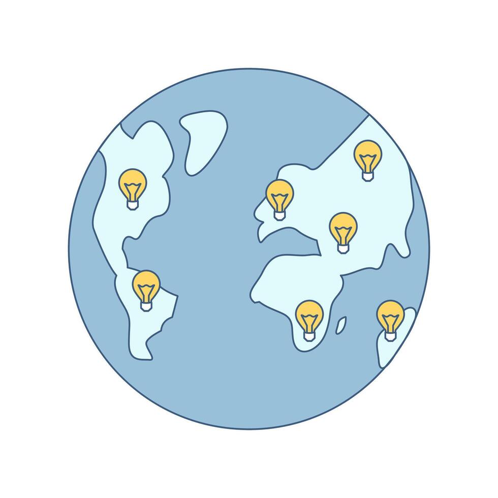 terra com lâmpadas em continentes. a espalhar do luz ou eletricidade através países em a planeta. esfera. cor imagem com esboço - azul e amarelo. isolado. ilustração vetor