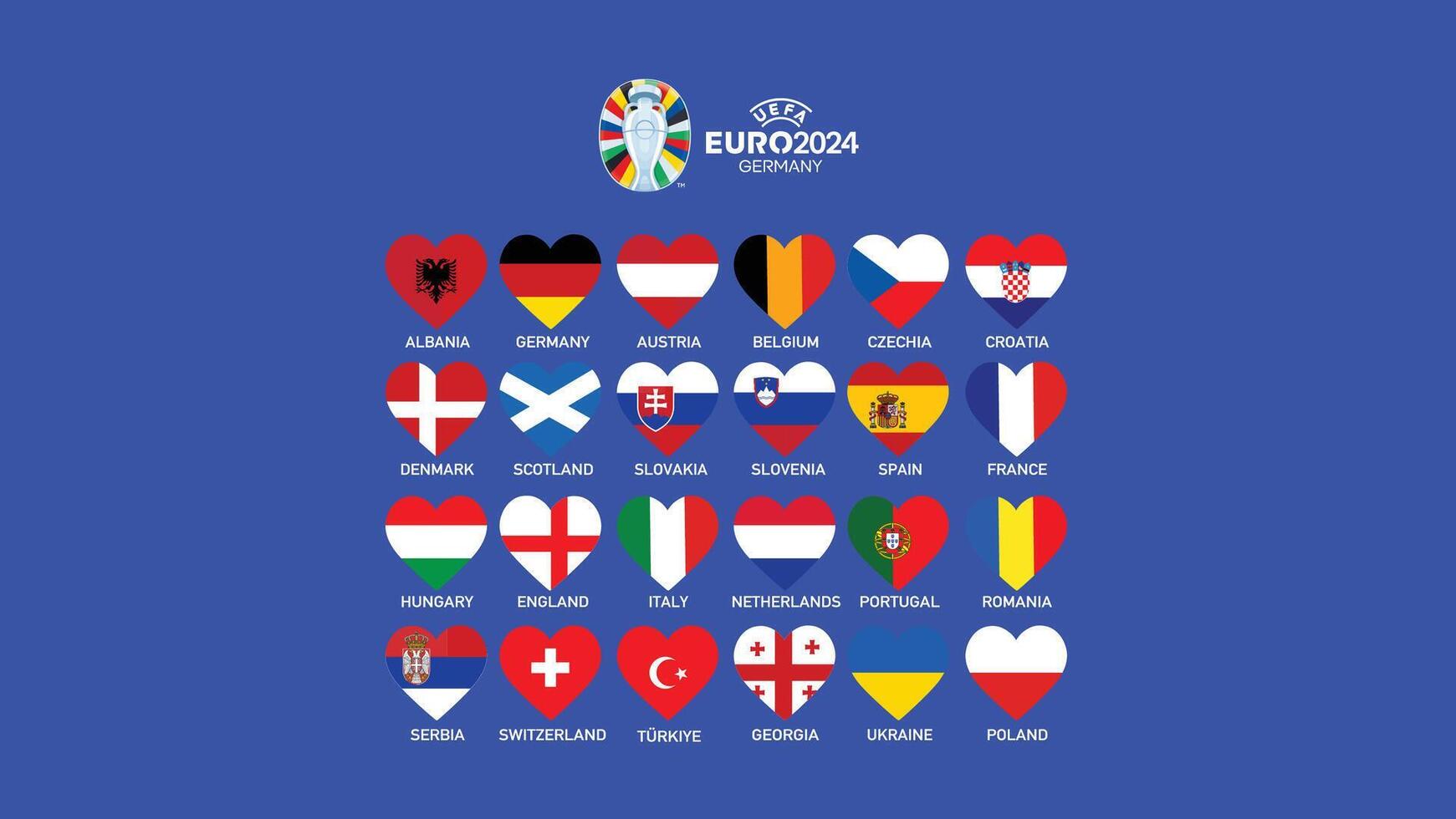 euro 2024 Alemanha bandeiras coração Projeto com símbolo oficial logotipo europeu futebol final ilustração vetor