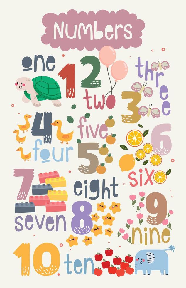 fofa colorida números poster Educação imprimível para crianças Diversão atividade vetor