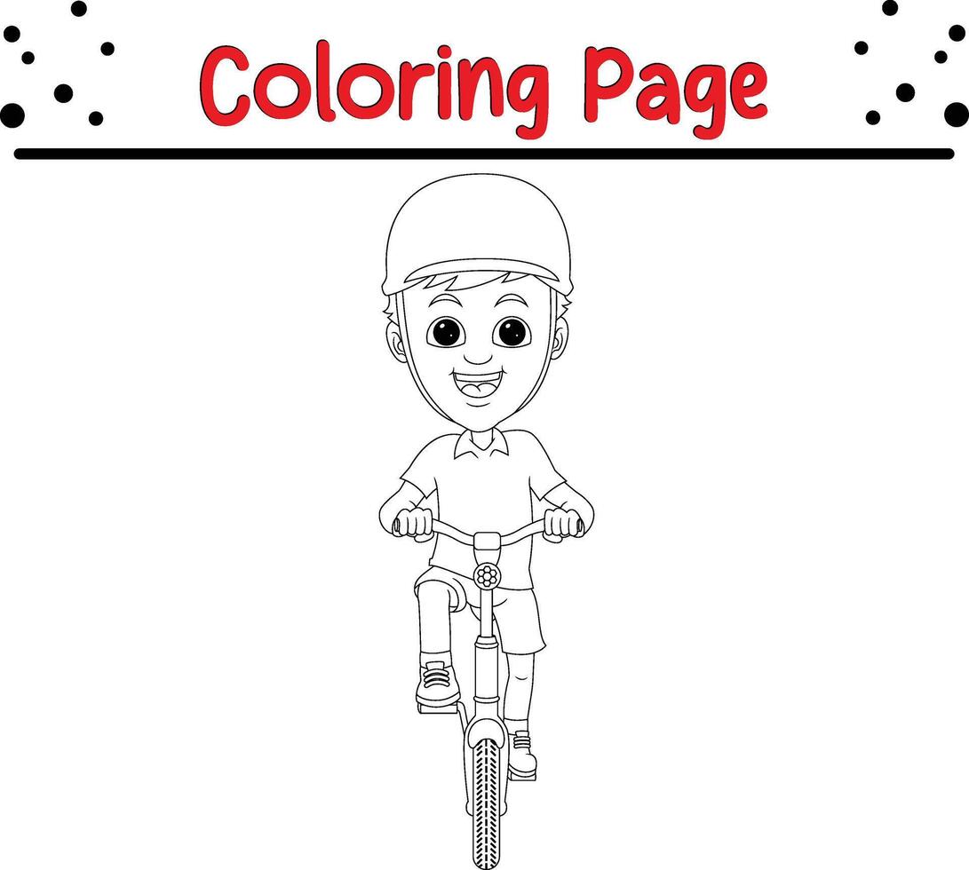 feliz Garoto equitação bicicleta coloração livro página para crianças e adultos vetor