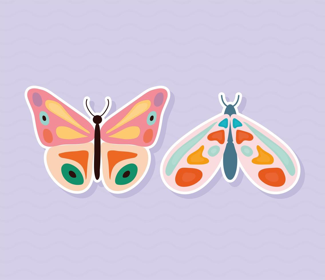 estilo desenhado à mão de duas borboletas no fundo roxo vetor