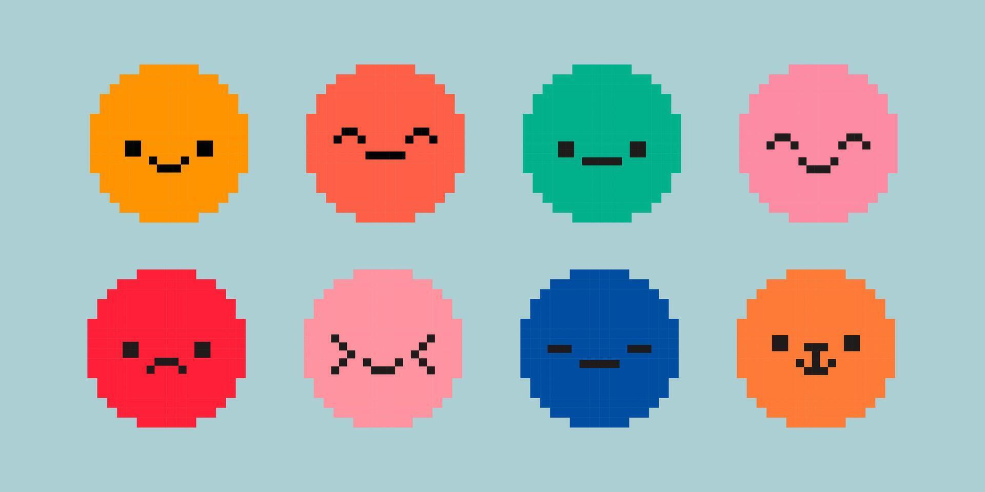 pixel face definir. vários pixel arte rostos, feliz e triste. 8 bits ácido estilo pixelizada face. vetor