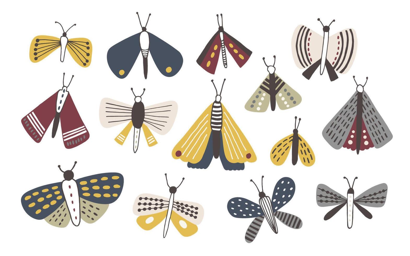 conjunto do Sombrio colori rabisco mariposas isolado em branco fundo. noites borboletas mão desenhado coleção. colorida ilustração. vetor