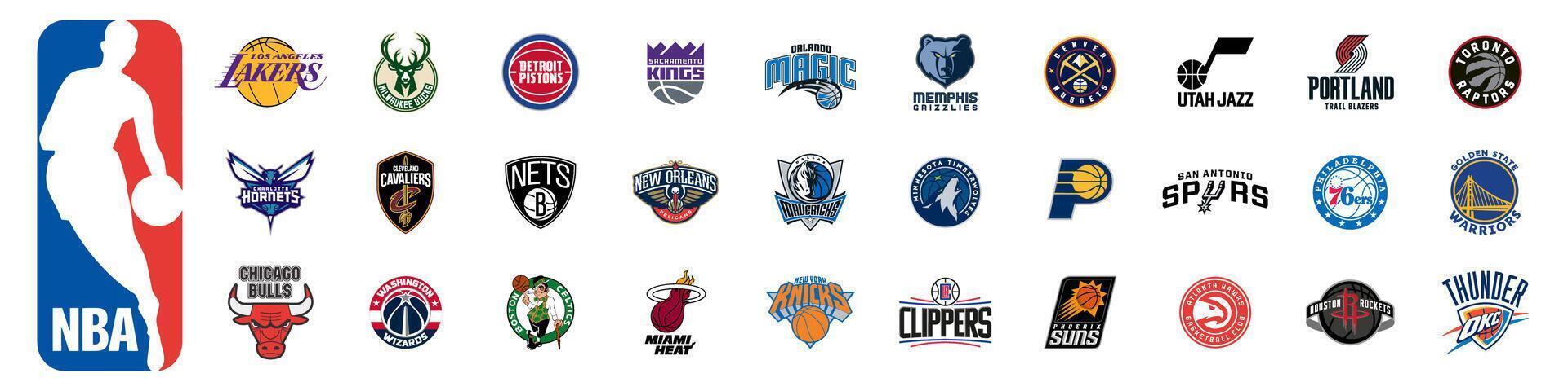 nba basquetebol equipe logotipo coleção. nba torneio equipes emblema definir. editorial ilustração. rivne, Ucrânia - novembro 20, 2023 vetor