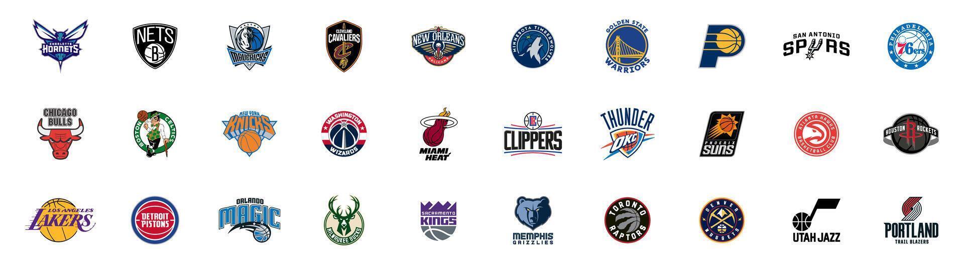 nba basquetebol equipe logotipo coleção. nba torneio equipes emblemas. rivne, Ucrânia - novembro 20, 2023 vetor