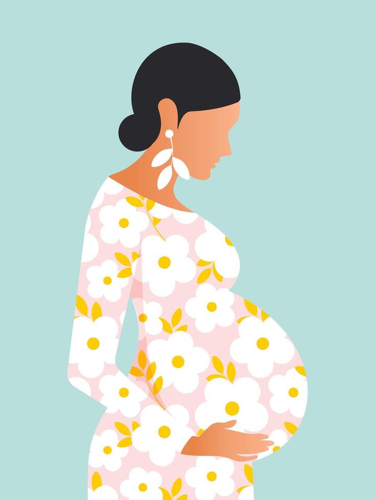 feliz mãe dia. uma jovem grávida mulher dentro uma floral Rosa vestir é feliz este ela é esperando uma bebê. vetor