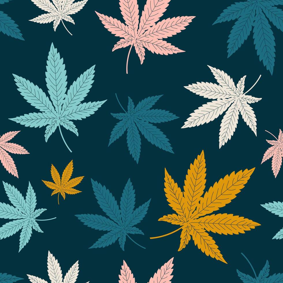 cannabis folhas semelhante para bordo Formato uma botânico desatado padronizar em uma Sombrio azul fundo. vetor