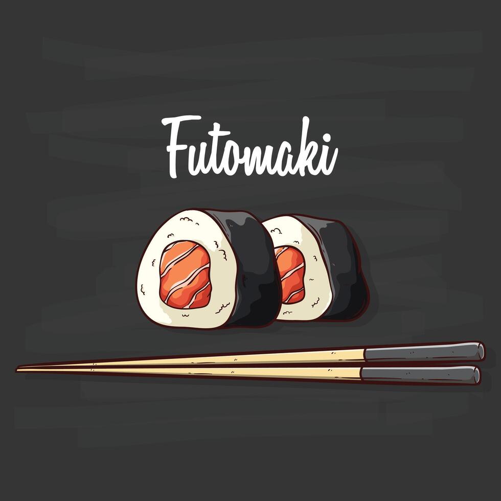 mão desenhar Sushi com pauzinho vetor