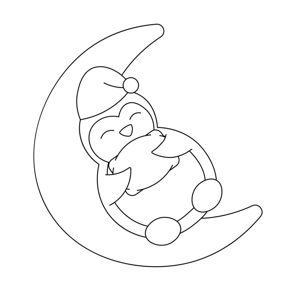 fofa desenho animado dormir pinguim em a lua dentro Preto e branco vetor