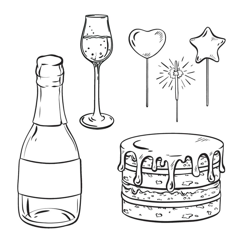 monocromático desenhando do talheres, garrafa rolha, vidro, bolo com estrelinhas vetor