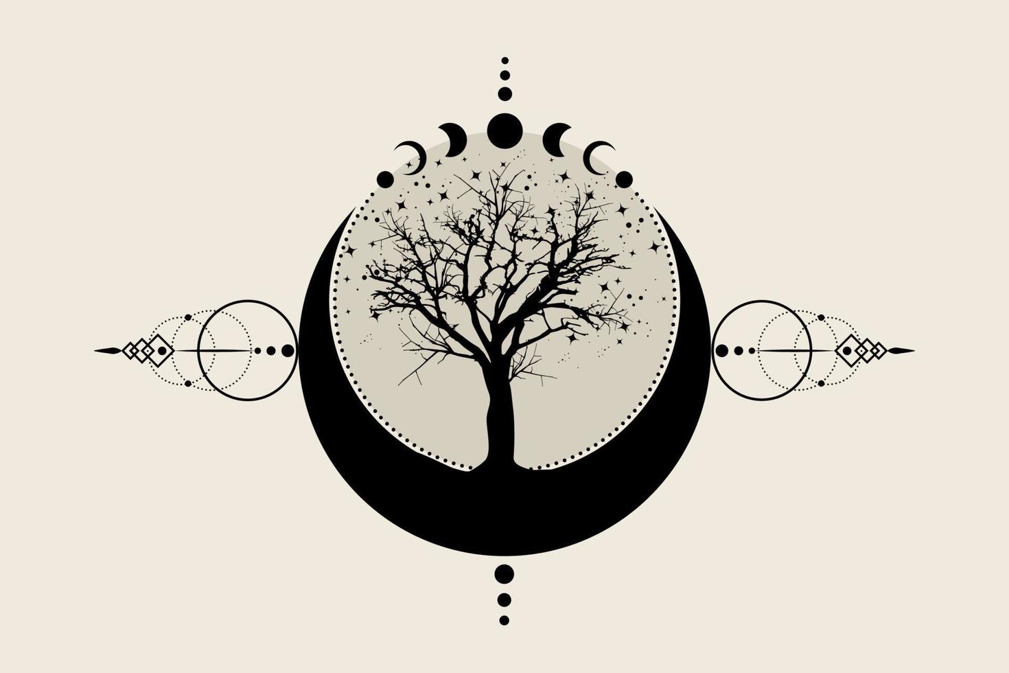 árvore sagrada e lua crescente. mão desenhada fases da lua mística, árvore da vida, geometria sagrada. wicca banner old sign, energy circle, boho style vector isolado em fundo vintage