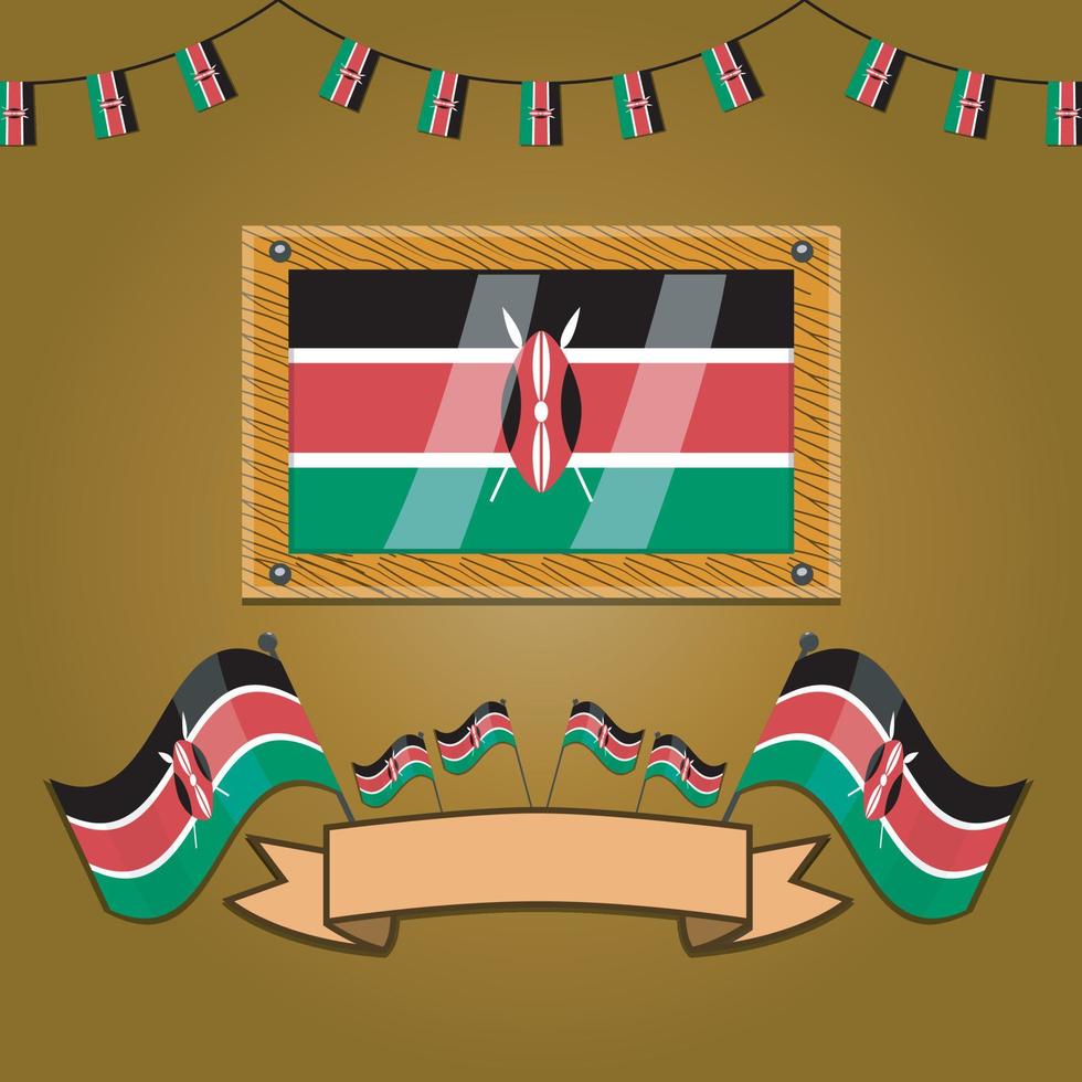 bandeiras do Quênia em moldura de madeira, etiqueta vetor