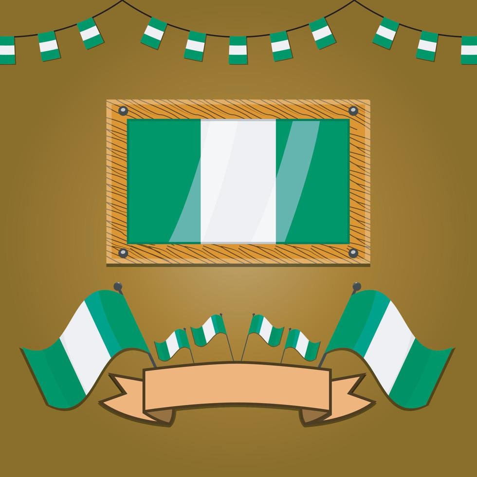 bandeiras da Nigéria em moldura de madeira, etiqueta vetor