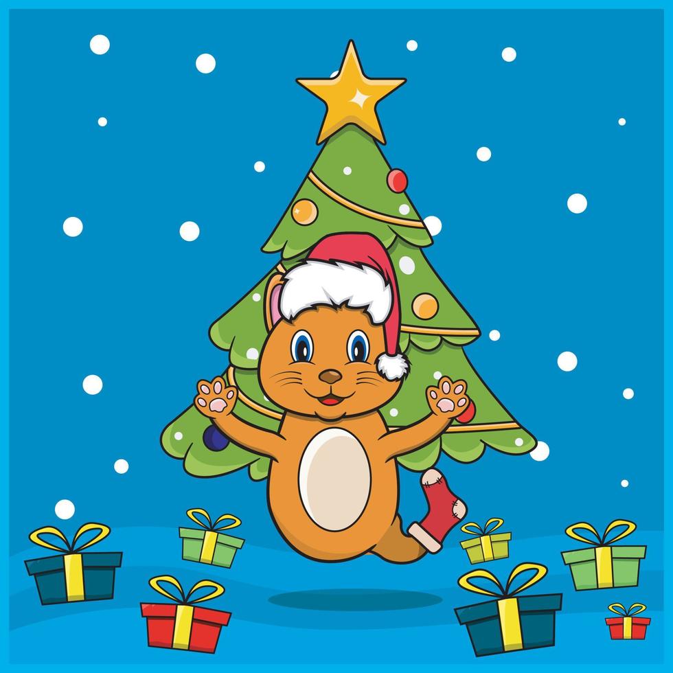 animal fofo Natal com design de personagens de gato, usando meia e chapéu de Natal. fundo da floresta. perfeito para plano de fundo, cartão de felicitações, etiqueta e ícone. vetor