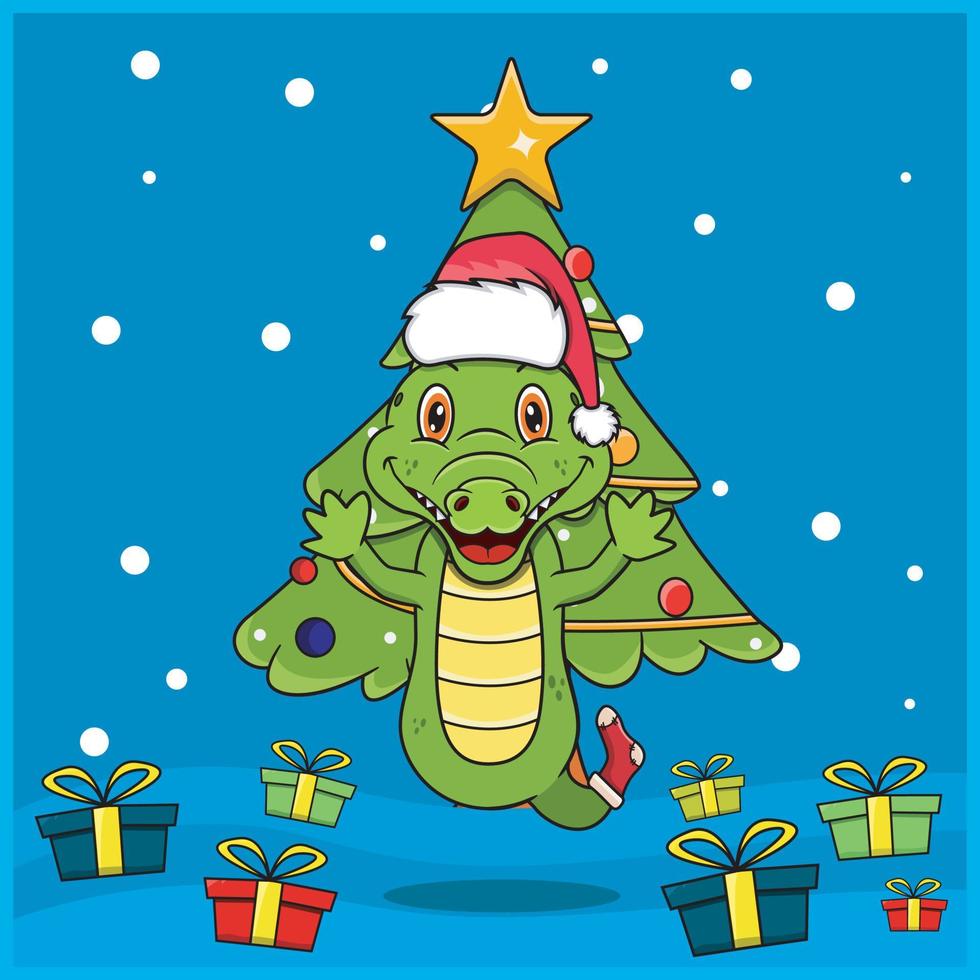 Natal animal fofo com design de personagens de crocodilo, usando meia e chapéu de Natal. fundo da floresta. perfeito para plano de fundo, cartão de felicitações, etiqueta e ícone. vetor