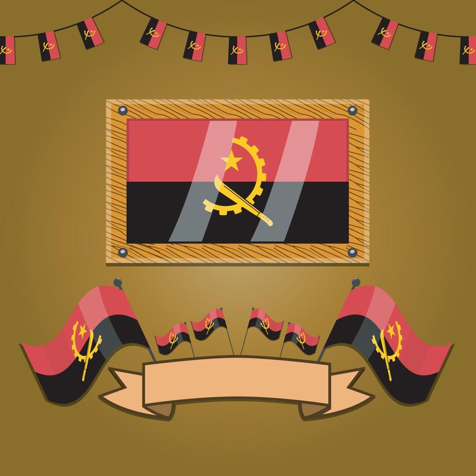 bandeiras angola em moldura de madeira, etiqueta vetor